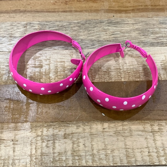 Jewelry - Hot Pink Polka Dot Hoop Earrings | 2" Retro 80s Style Pin-Up Rockabilly